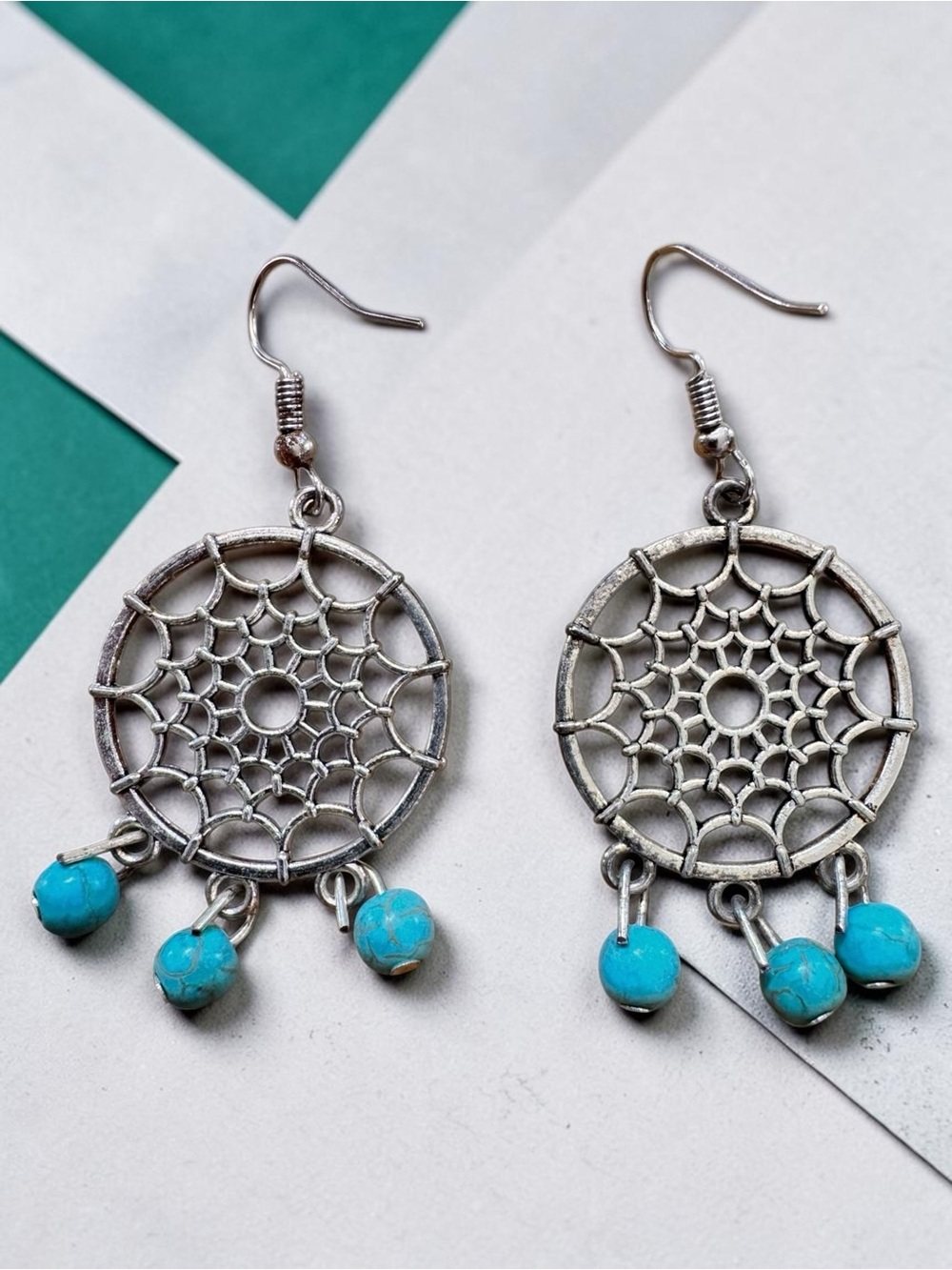 Turquoise Bead Dreamcatcher Dangle Silver Earrings